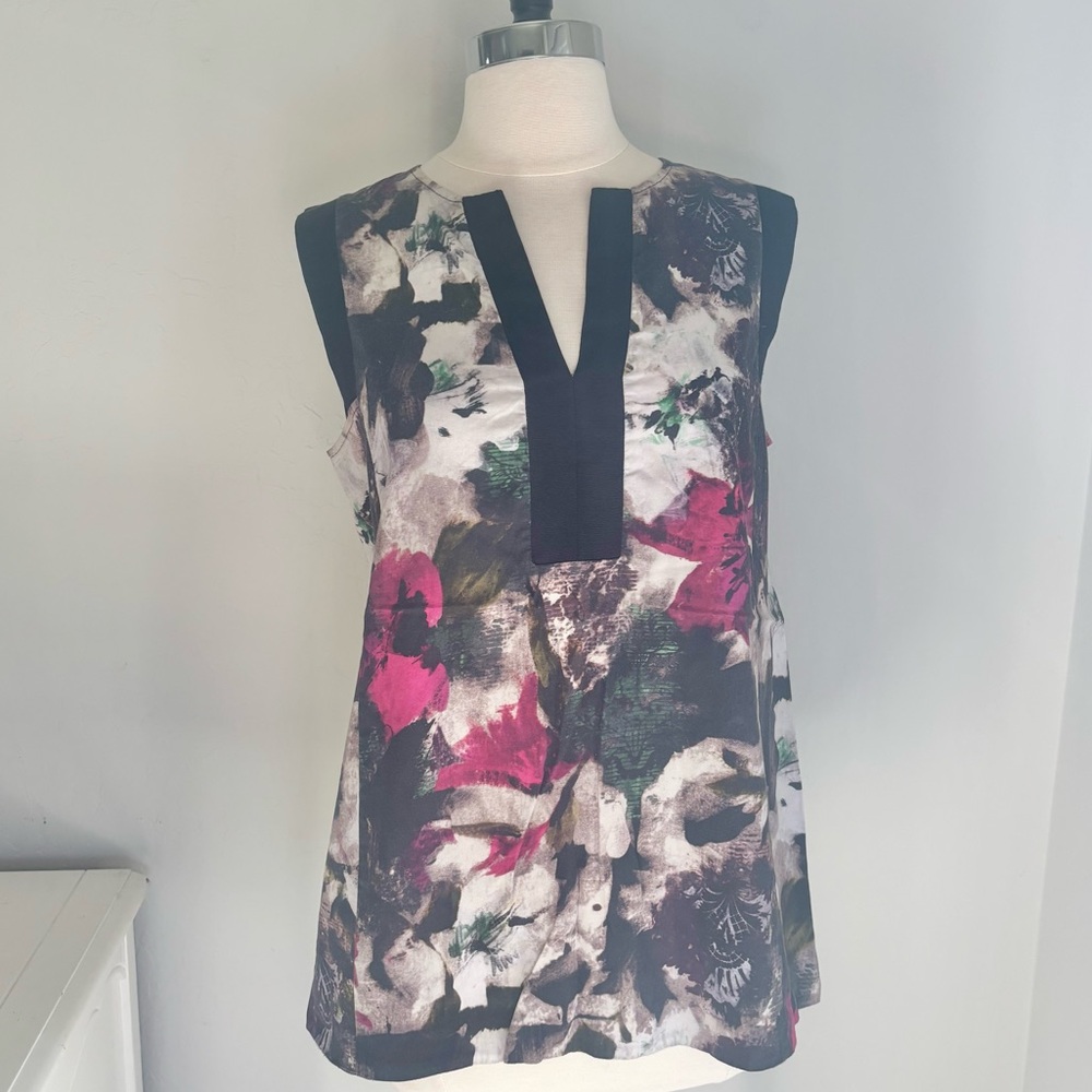 Lafayette 148 New York Floral Split Neck Tank Top Back Zip, Size Medium